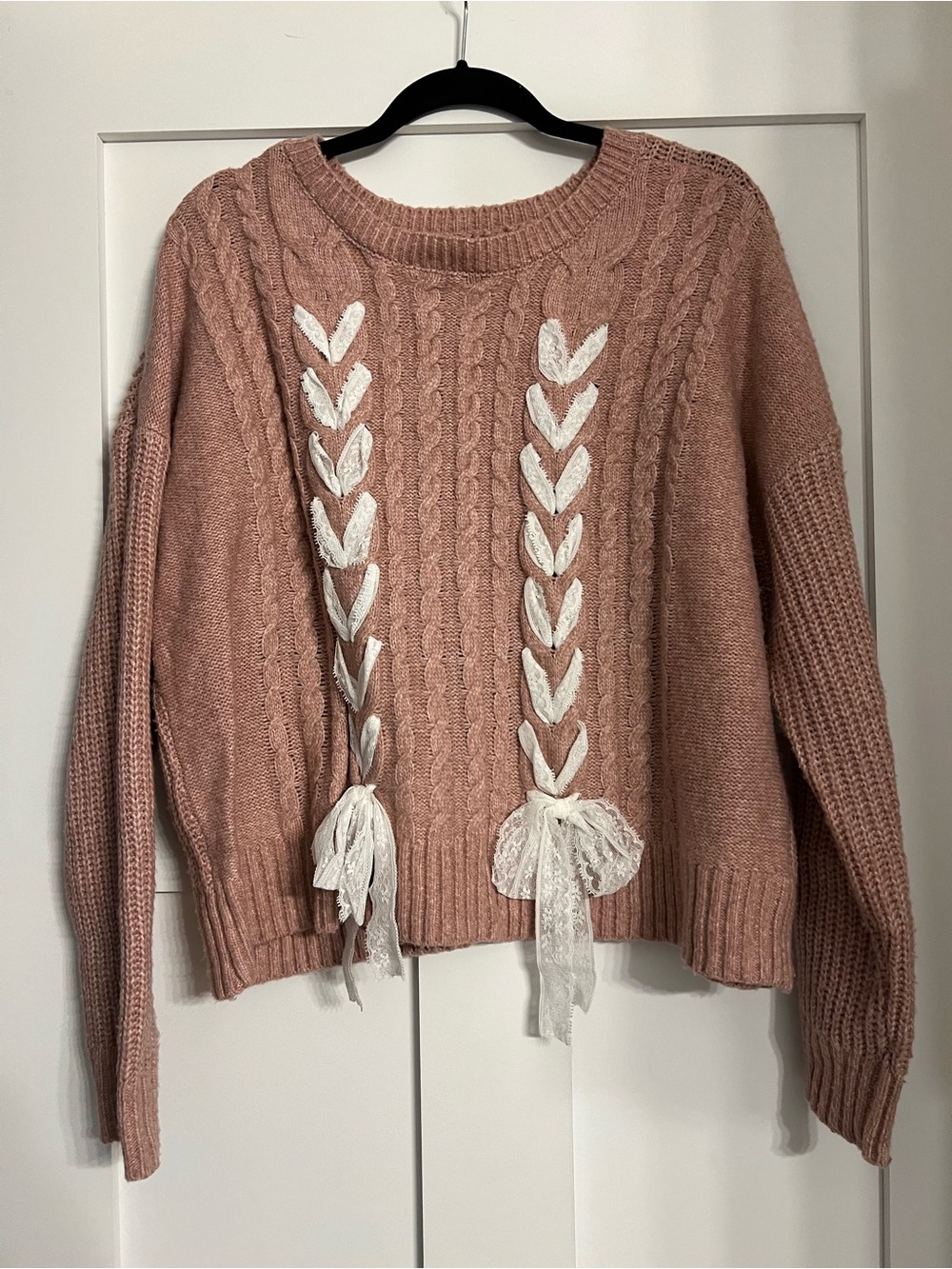 Francesca's Collections Dusty Rose Cable Knit Sweater with White Lace Braids